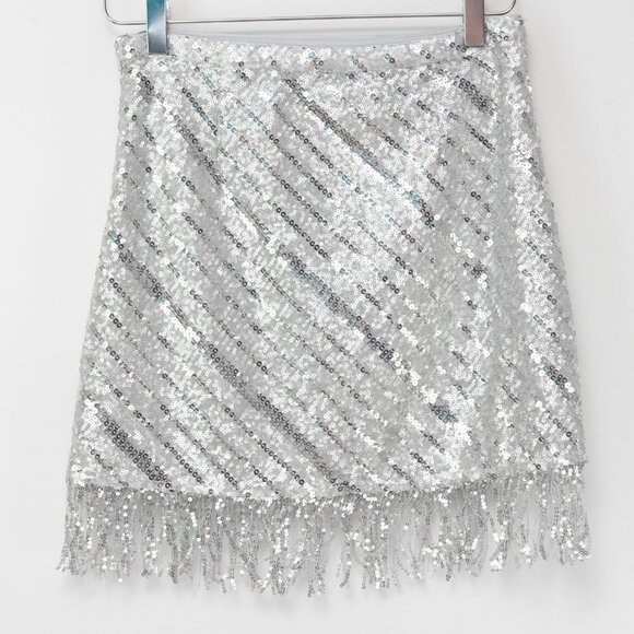 Saylor Persephone Skirt Sequin Fringe Mini Evening Party Silver Size XS - Picture 3 of 6